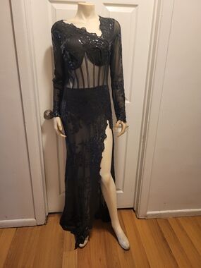 Fashion Nova Black Sheer Sequin Asymmetrical Evening Gown